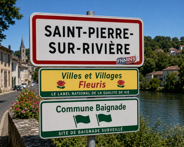 Simulation d'un panneau d'entrée de commune portant le label Commune Baignade Surveillée