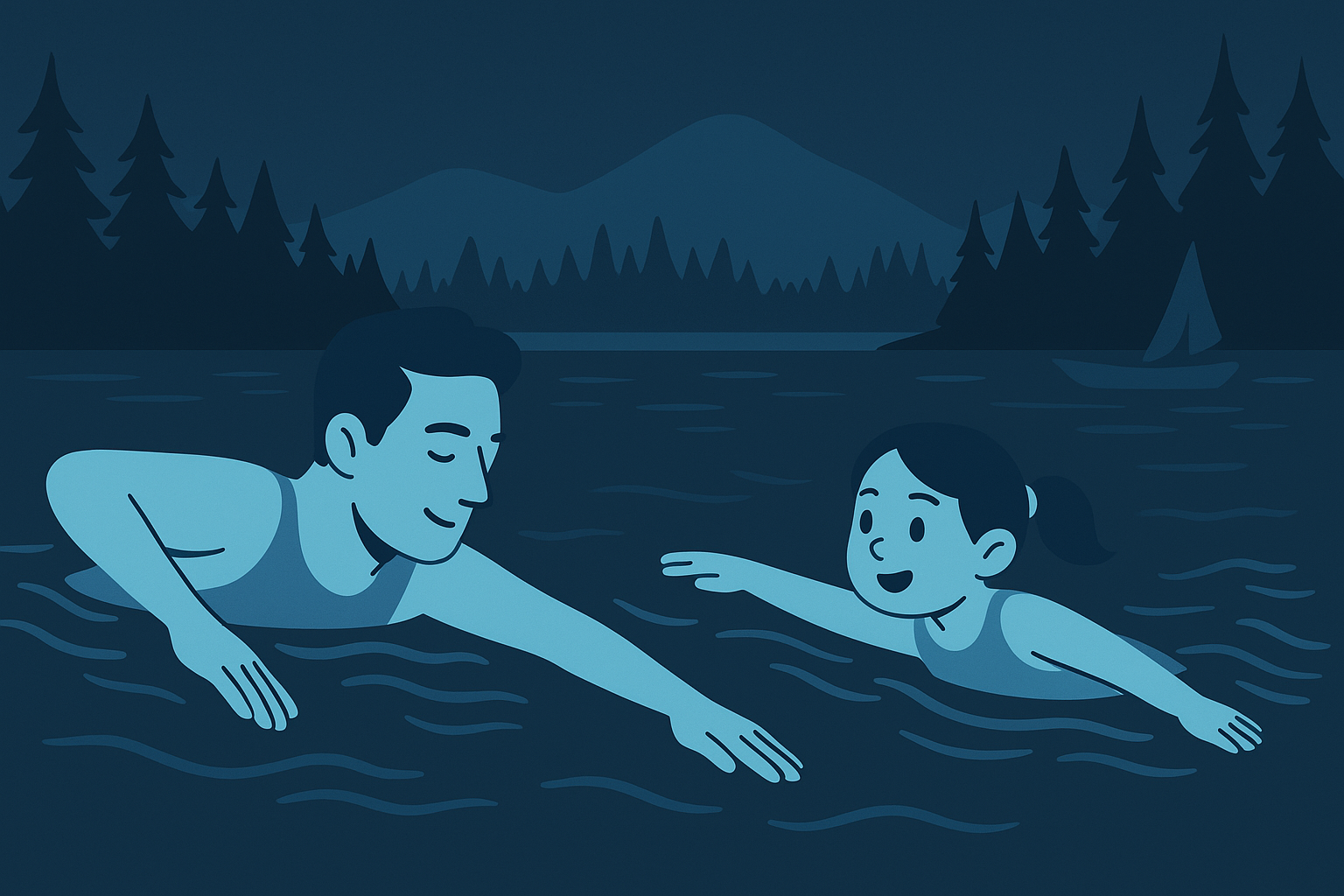  Illustration d’un père nageant dans un lac, observé et imité par sa fille à ses côtés