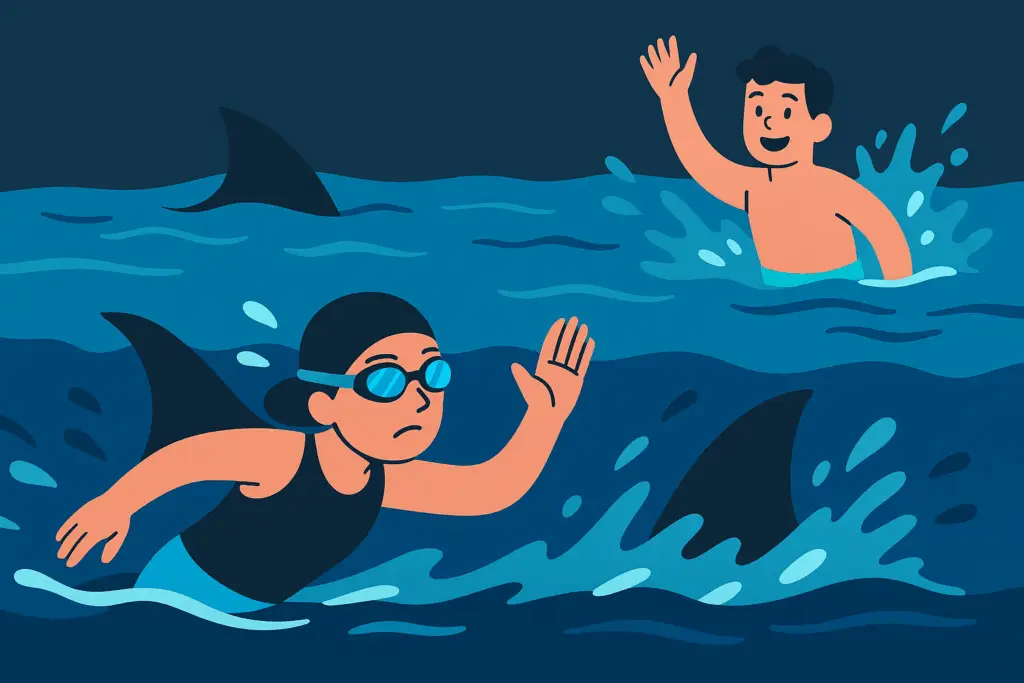 Illustration d’une nageuse incarnant un requin dans un jeu aquatique, poursuivant un enfant qui s’amuse à fuir