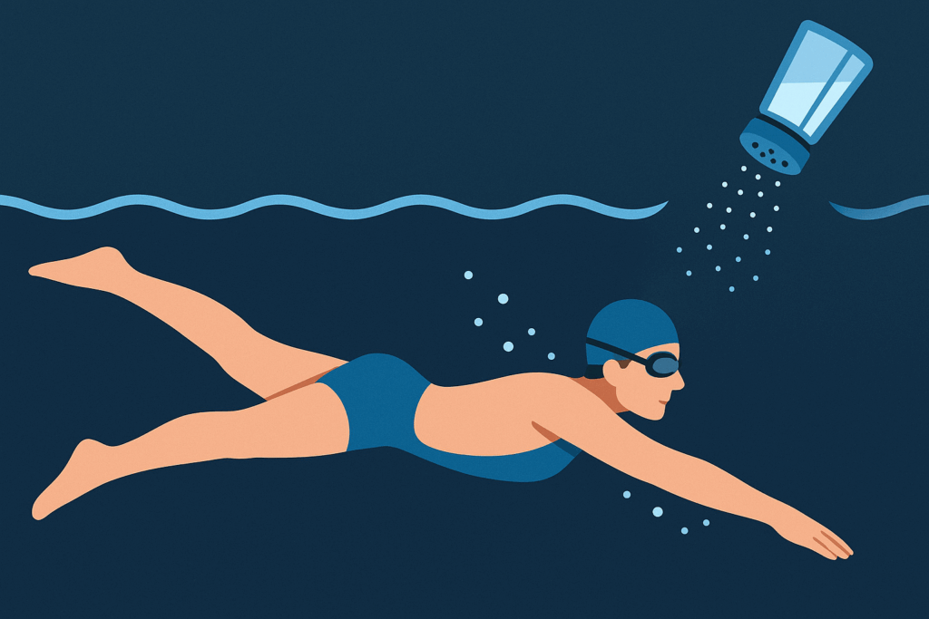 Illustration d’un nageur sous l’eau, avec un salier déversant du sel en surface pour évoquer l’eau salée