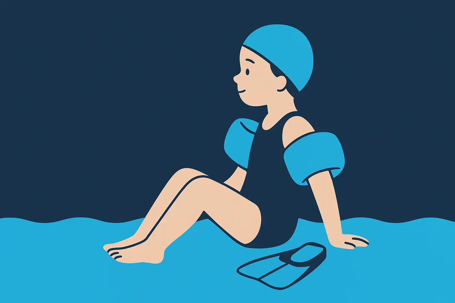Illustration d’un jeune enfant assis au bord de l’eau avec des brassards, prêt à entrer dans la piscine