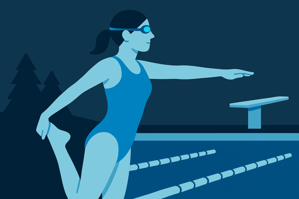 Illustration d’une femme réalisant des étirements dynamiques sur le bord d’un bassin avant de plonger