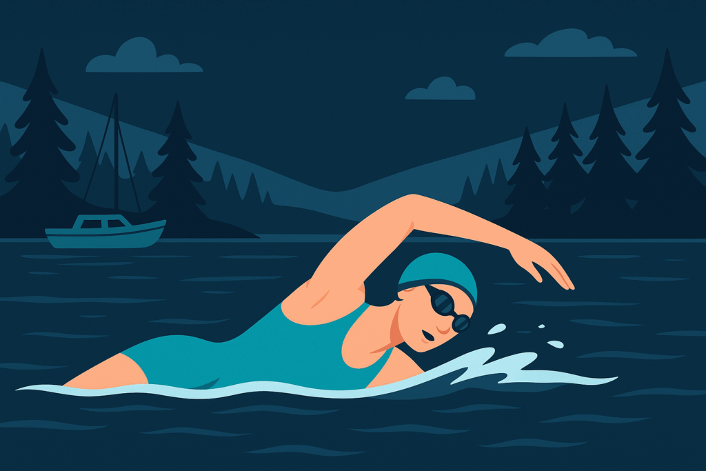 Illustration d’une femme nageant dans un lac entouré de sapins, avec un bateau amarré au loin