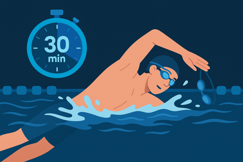 Illustration d’un nageur concentré réalisant une séance intense avec un chronomètre de 30 minutes en arrière-plan
