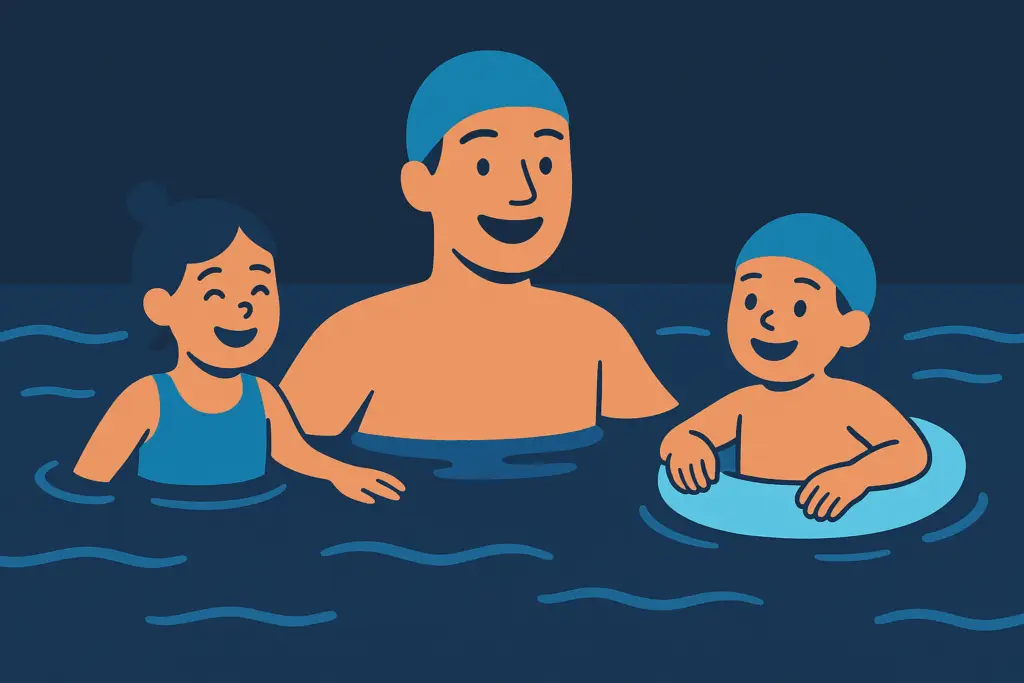 Illustration d’un père nageant avec ses deux jeunes enfants dans une piscine, tous souriants