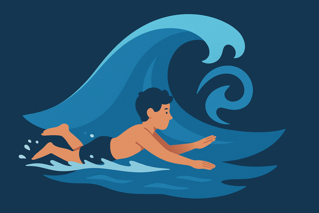 Illustration d’un jeune nageur pratiquant le body surf, porté par une vague stylisée