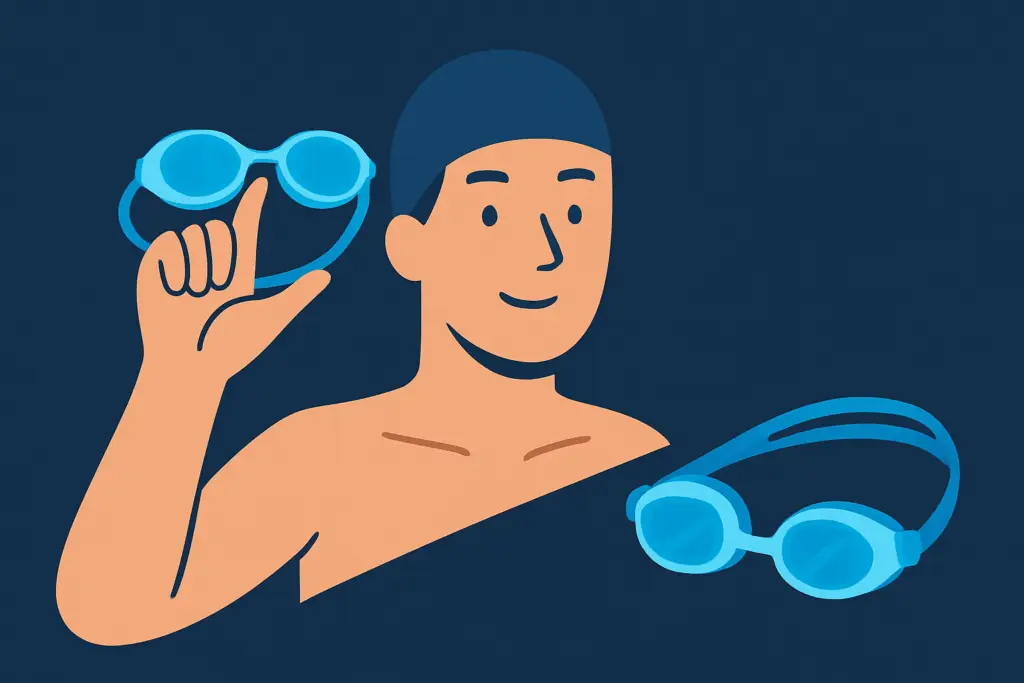 Illustration d’un nageur tenant des lunettes de natation, sur fond bleu sombre