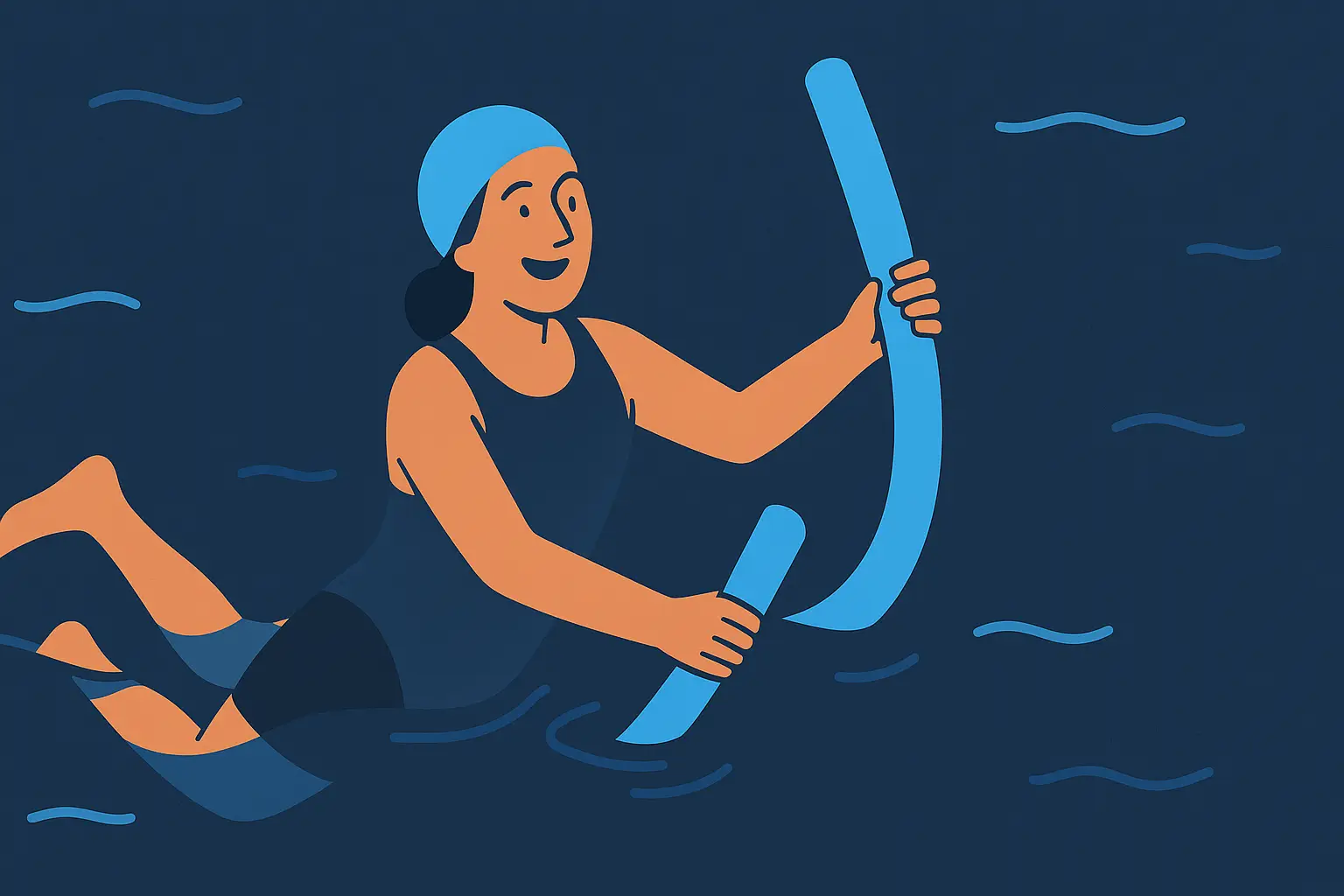 Illustration d’une femme utilisant une frite de piscine pour flotter et nager dans une eau calme