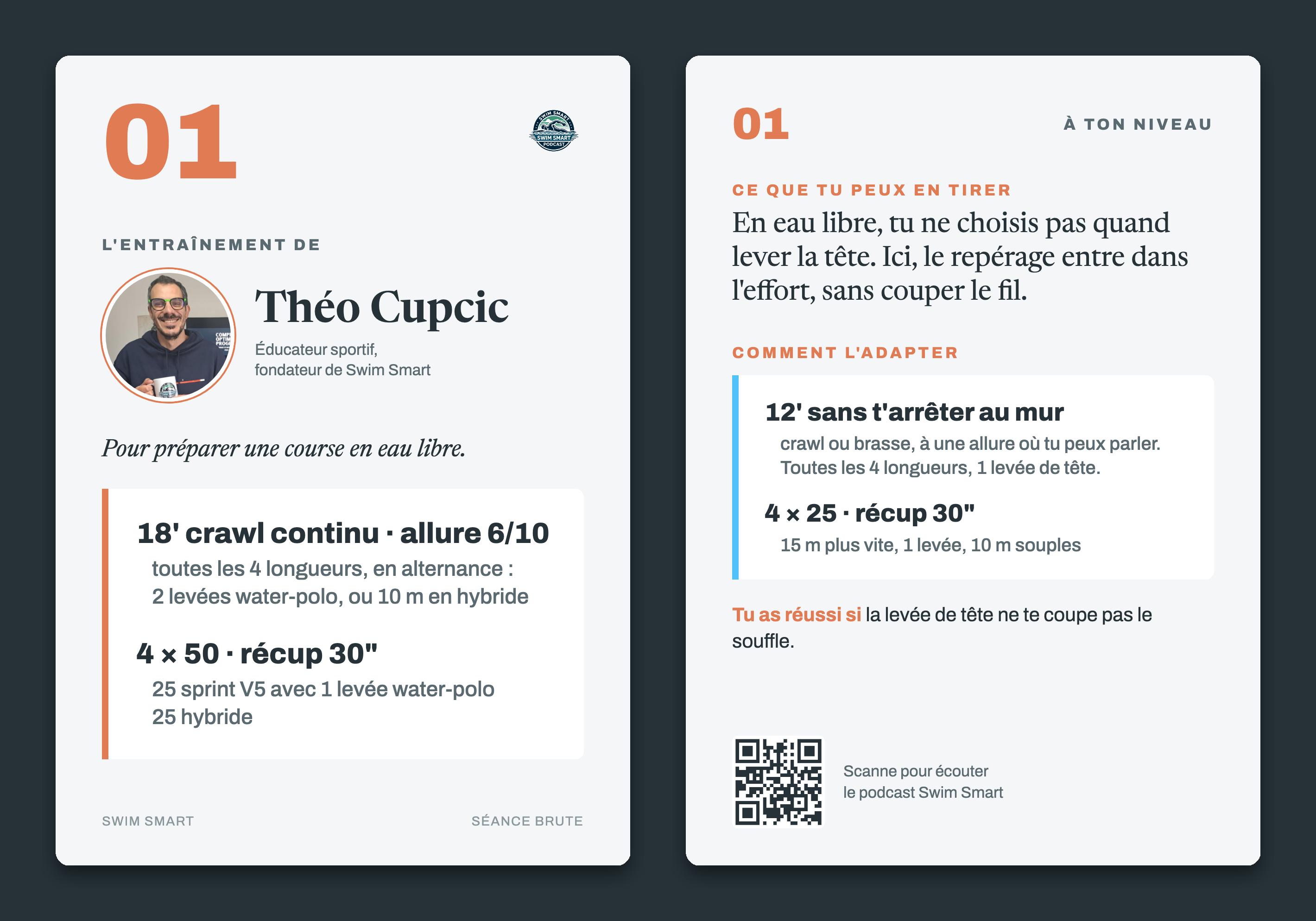 Exemple de carte, recto et verso : une séance d'eau libre de Théo Cupcic et son adaptation à ton niveau